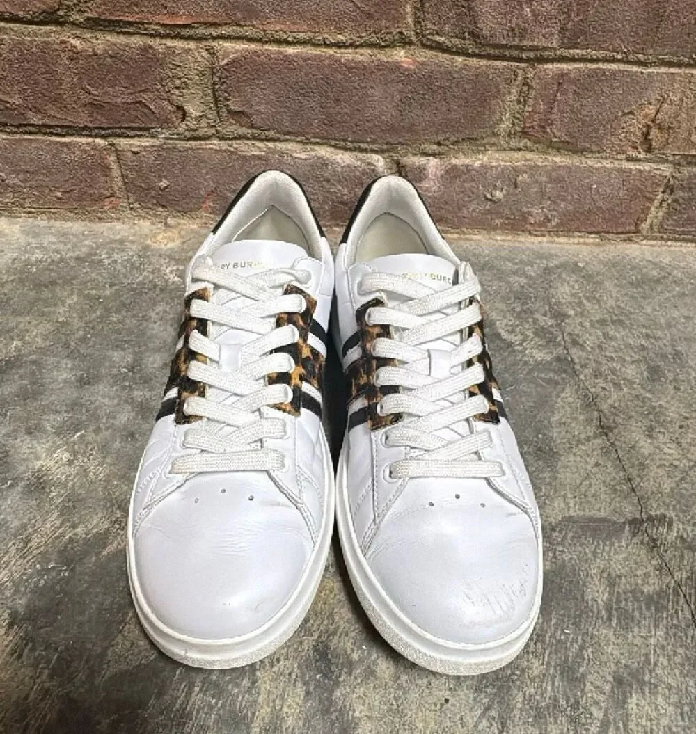 Tory Burch Howell T-Saddle Court Sneakers White Leather Leopard Fur Size 8
